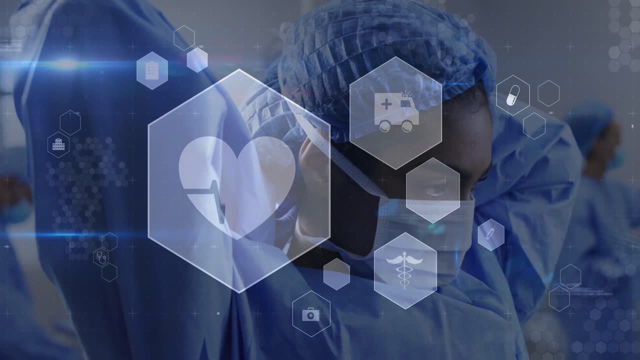 Animation of medical icons over biracial female surgeon wearing surgical mask at hospital