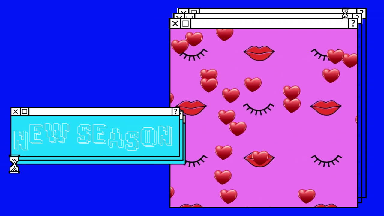 animación del texto de la nueva temporada sobre pantallas de computadora y fondo vibrante