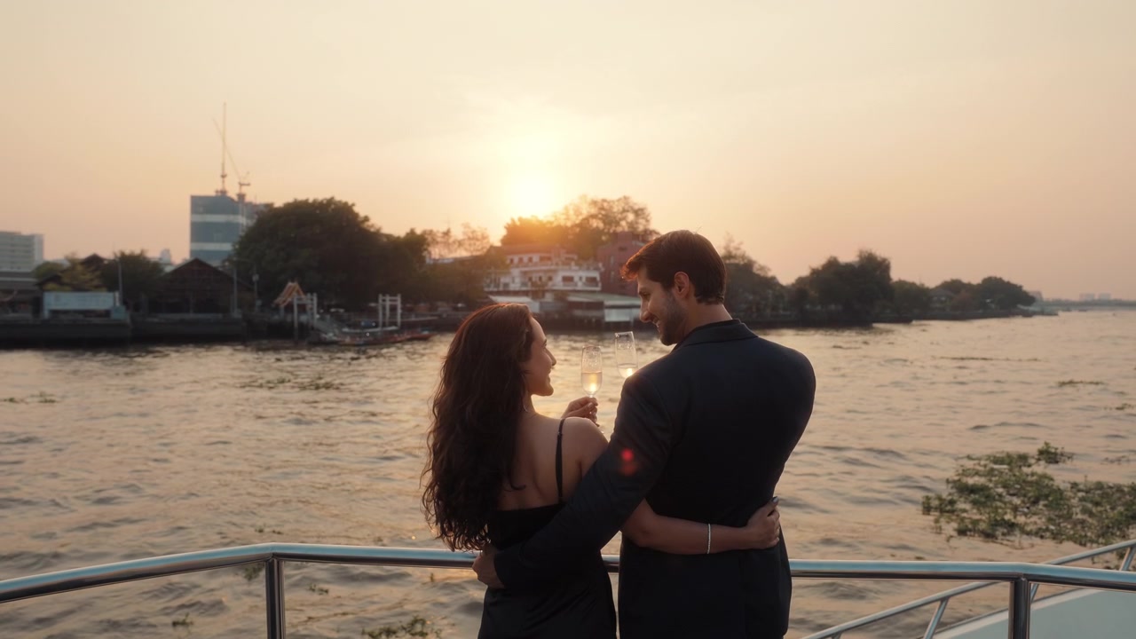 คู่รักโรแมนติกกอดกันบนเรือยอชต์สุดหรูยามพระอาทิตย์ตกดิน