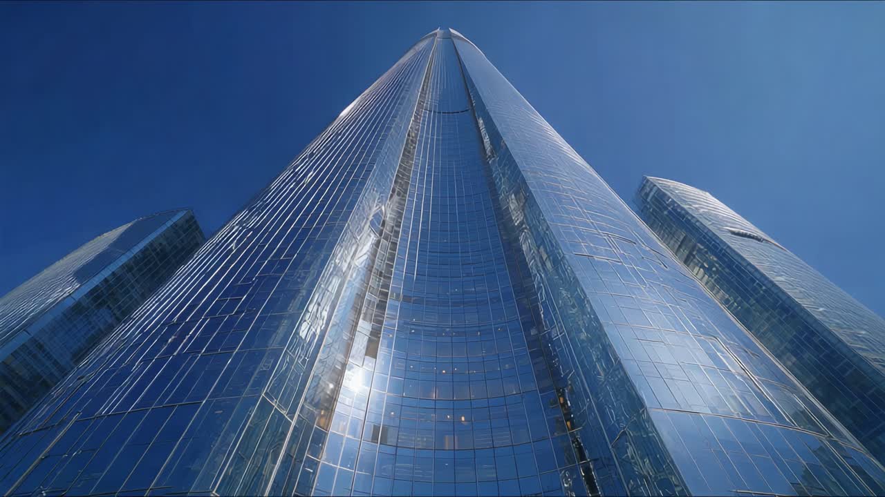 Una prospettiva mozzafiato di un imponente grattacielo che riflette il cielo limpido sovrastante, mostrando l'architettura moderna e facciate in vetro lucide