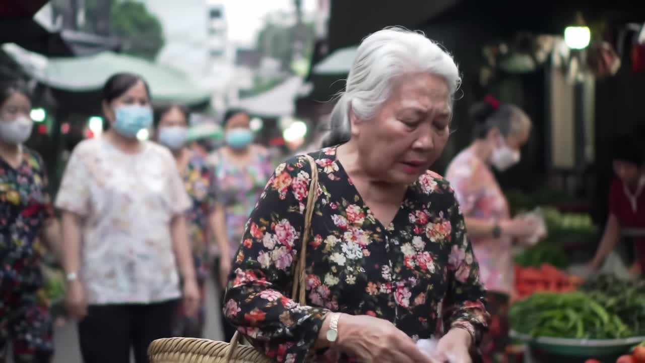 An Elderly Woman Navigates a Bustling Market Scene, Surrounded by Vibrant Produce and Hordes of Shoppers, Highlighting the Daily Life in a Crowded Environment