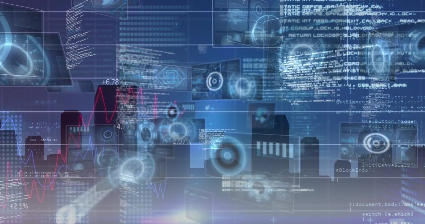 Animation of data processing over cityscape