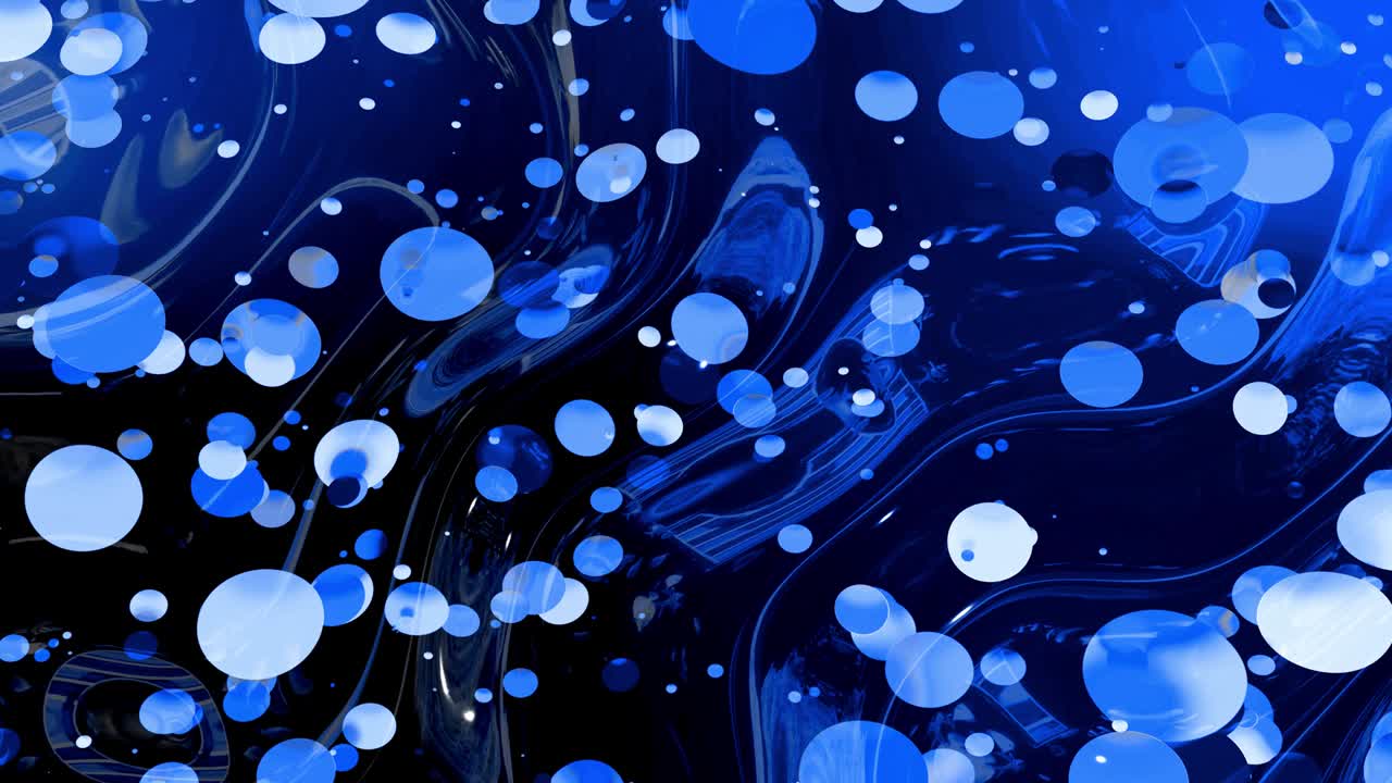 아름다운 추상적인 반이는 표면의 은 은 배경은 파란색 액체와 같은 파란색 물결과 함께 원은 기름에 페인트의 물방울처럼 떠 있습니다. 4k에서 파란색 색 gradient를 가진 창의적인 배경.