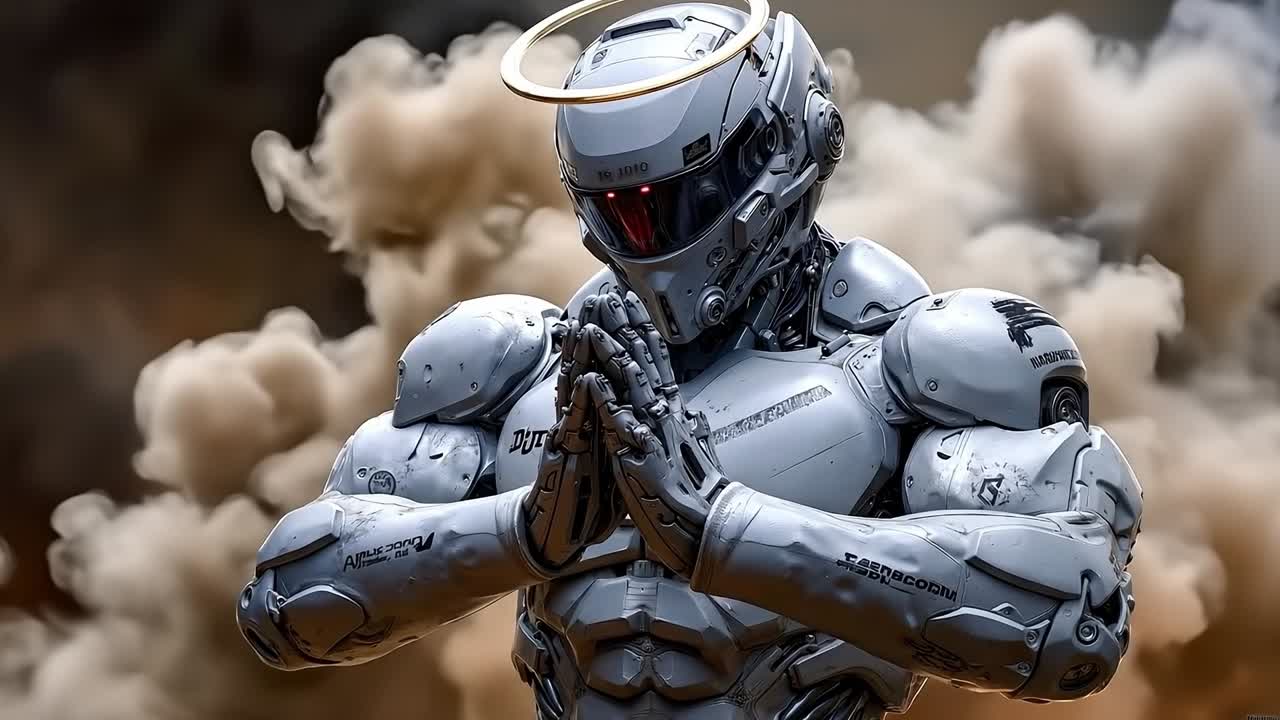 A robot with a halo on his head standing in front of a cloud of smoke