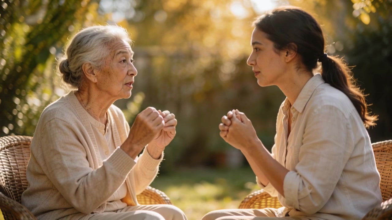 日当たりの良い庭で、籐の椅子に座り、娘と手拍子をしながら絆を深める年配の女性。