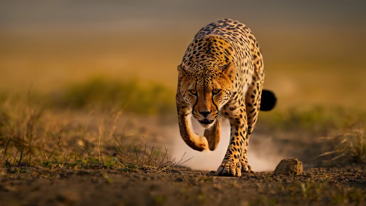 Walking cheetah lowering head then accelerating into sprint along savanna track with dust cloud