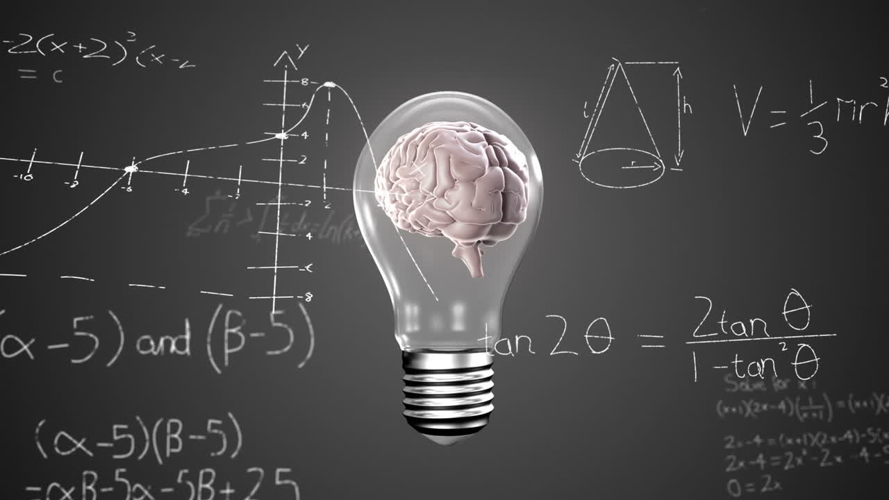 Animation of spinning human brain in a electric bulb and mathematical equations on grey background