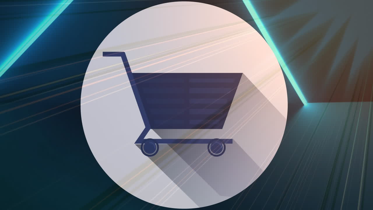 블루 네온 나선, qr 코드 및 쇼핑 카트 아이콘의 애니메이션 검은색 배경에 빛  ⁇