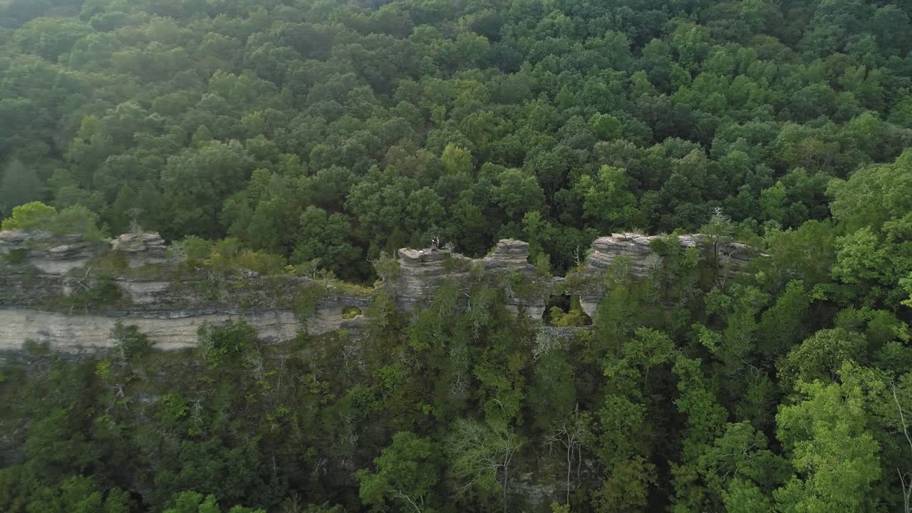 Aerial of rocky ridge-line in Tennessee hills.