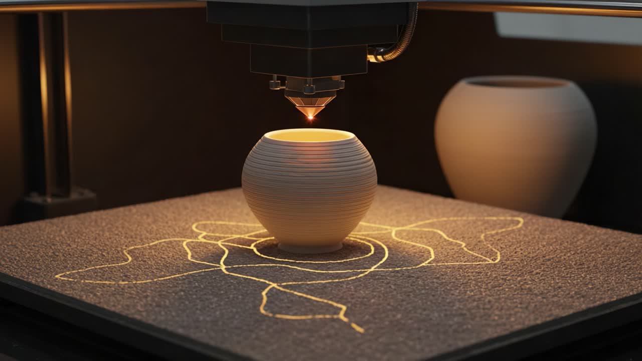 Innovative 3D Printing Technology Demonstrates Precise Techniques in Crafting Elegant Ceramic Pottery with Intricate Designs and Warm Lighting Effects