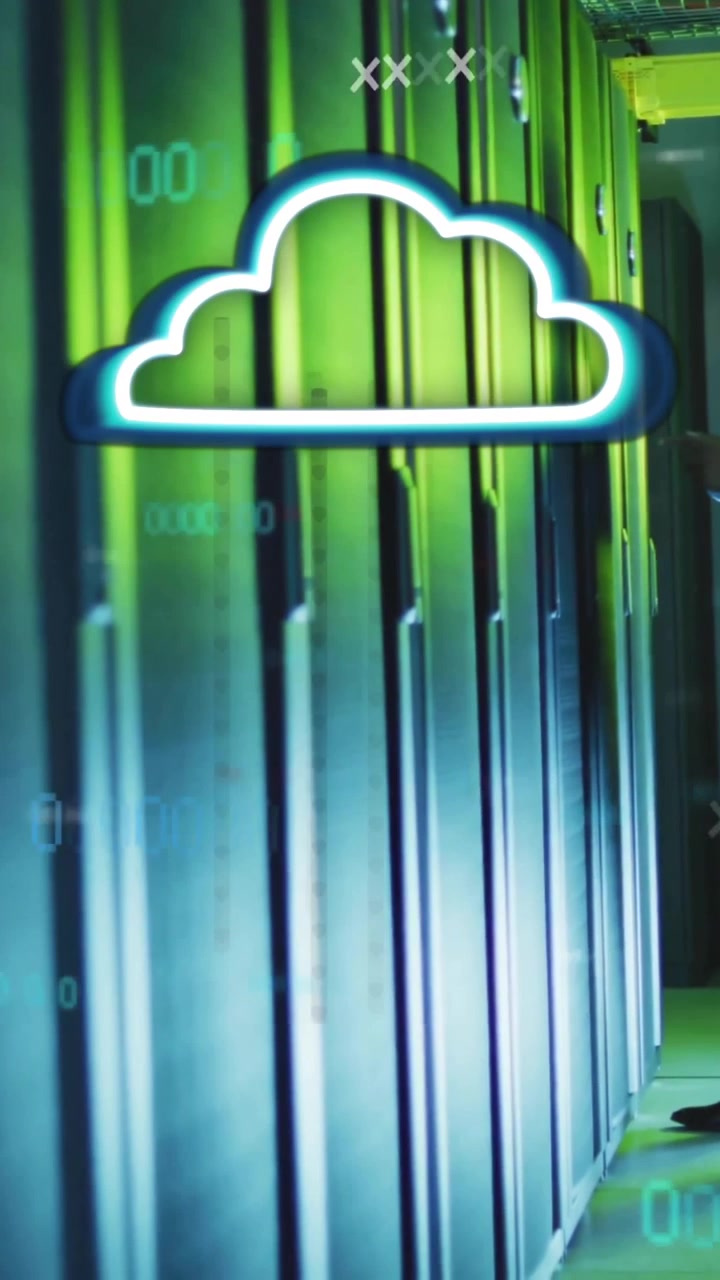 Man talking on phone in server room, data processing animation over servers