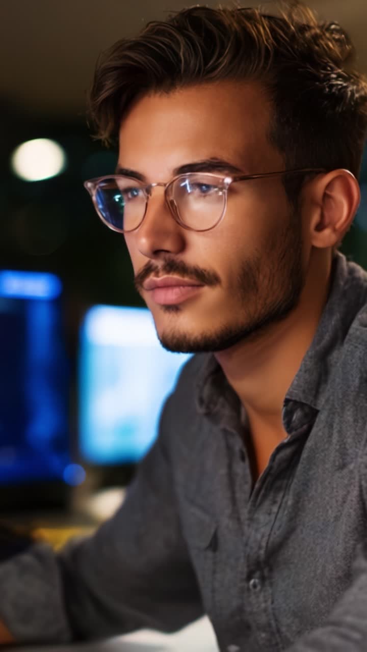 Skupiona osoba w okularach korzysta z ekranu cyfrowego w ciemnym otoczeniu, uchwycając esencję nowoczesnego skupienia i interakcji z technologią