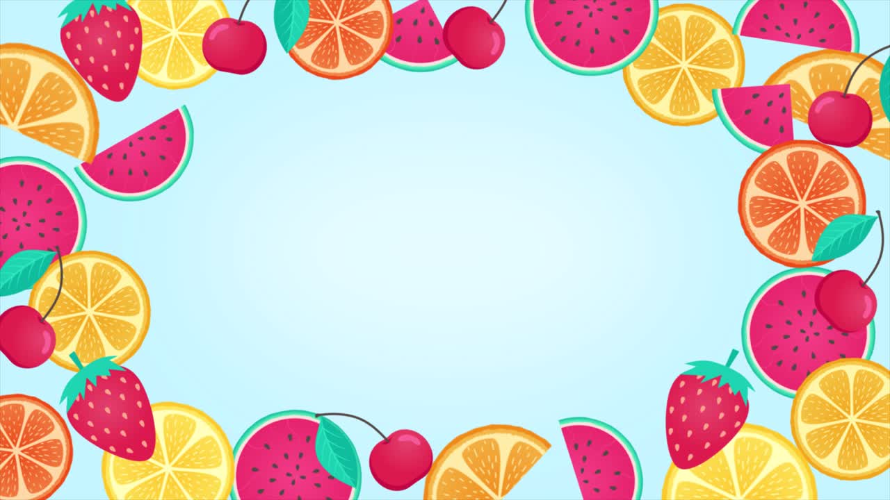 Animation of fruits. citrus, orange, lemon, watermelon, cherry, strawberry looped animated frame for background, banner, presentation, cafe. Fresh fruits, summer design bright yellow and blue colors