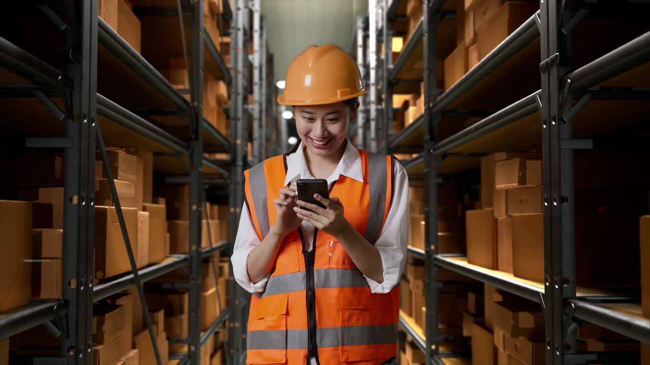 trabajador de almacén que utiliza un teléfono inteligente