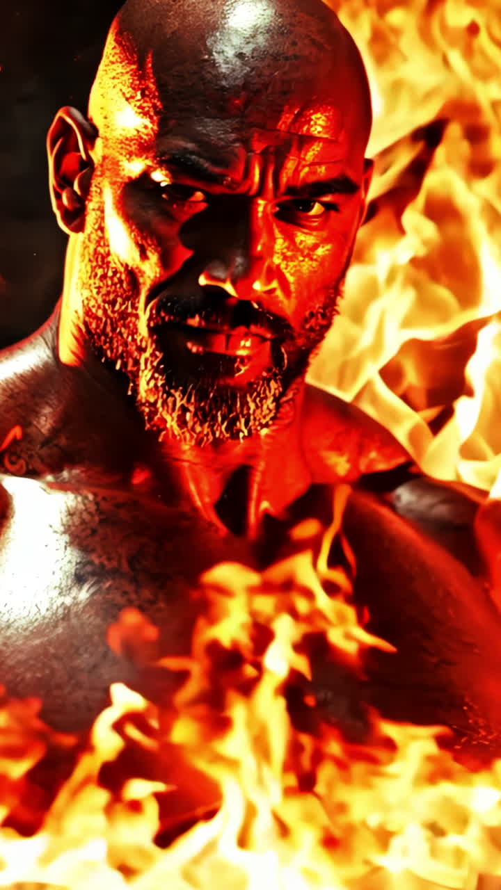 A man is standing in front of a fire with his arms spread wide. The fire is orange and yellow, and it seems to be engulfing the man. Scene is intense and dramatic