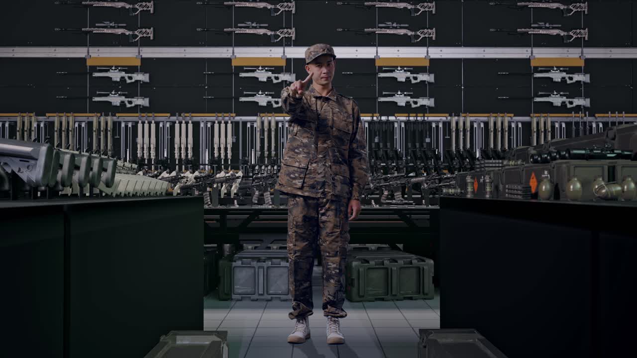 Soldato asiatico che ti indica e disapprova senza il simbolo dell'indice puntato in un arsenale militare