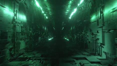 vuelo sin fin en un corredor metálico futurista con iluminación de neón. tecnología y concepto futuro. bucle sin costuras 3d render. espectro de luz verde moderno