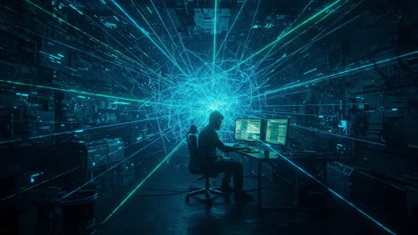 immersing oneself in digital landscapes within an advanced future workspace, where vibrant connections and intricate coding technologies thrive