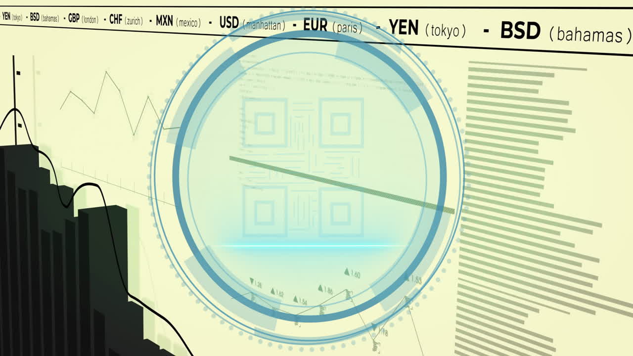 Processing financial data with currency symbols and graphs on yellow background