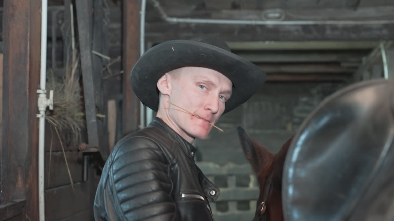 Hvid cowboy strigler hest i stald, læderjakke og bred hat, træner tjekker hovedtøj og sadel, rolig fokuseret rutine, rustik træbås og høloft, blidt bånd mellem mand og hoppe