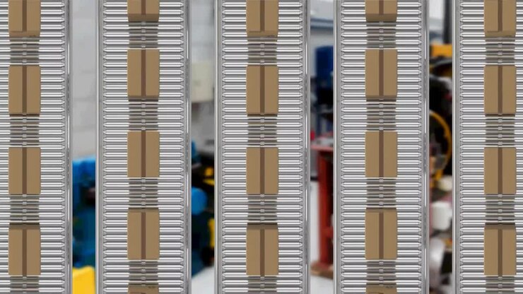 Animation of cardboard boxes moving on conveyor belts in warehouse