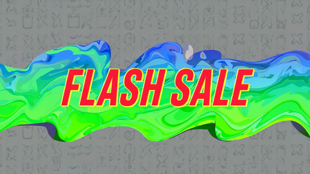 Initiating flash sale graphic showing yellow text shifting over gray backdrop, marble wave flowing