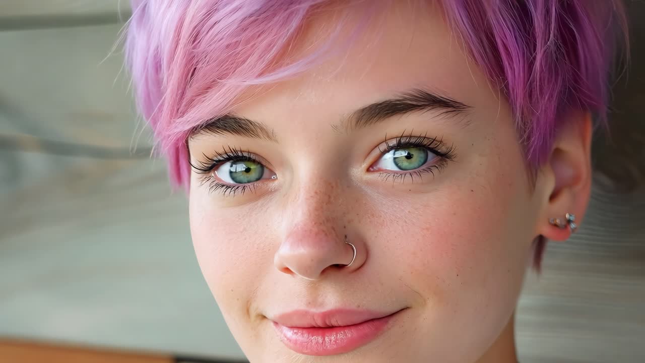 Confident young woman with short pink hair and nose piercing showcasing natural beauty, smiling gently against wooden background, embodying contemporary personal style