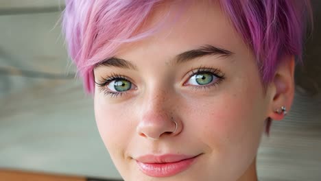 confident young woman with short pink hair and nose piercing showcasing natural beauty, smiling gently against wooden background, embodying contemporary personal style
