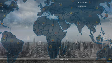 Animación-Del-Mapa-Mundial-Y-Procesamiento-De-Datos-Sobre-El-Paisaje-Urbano