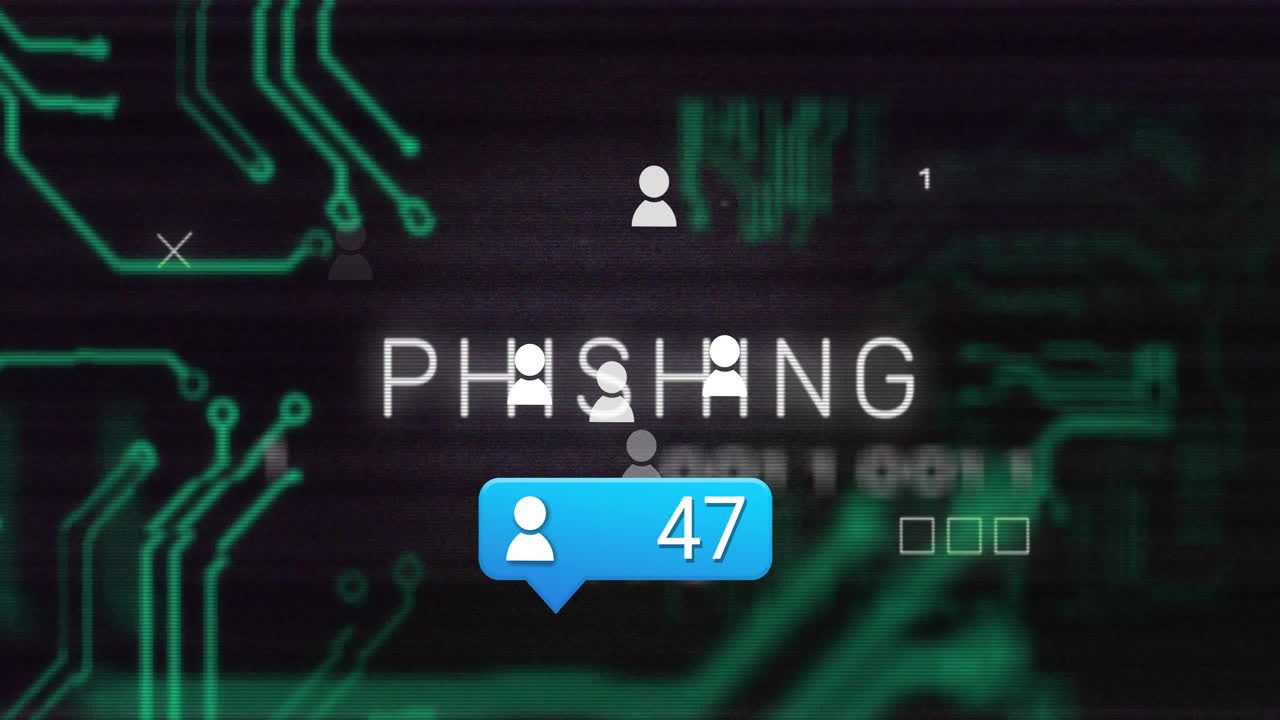 Digital circuit background with phishing alert text and user notification icon