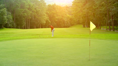 golf sport concept, golfer slow motion chip golf ball to hole on green for the winner. golf course is beautiful fairway and layout on nature tree on mountain