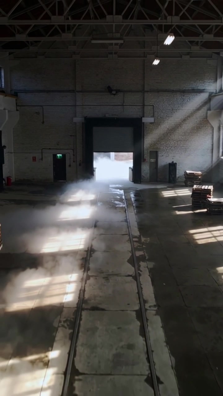 Vertical video: Drifting mist being drawn through open rollup door into warehouse aisle, sun shafts
