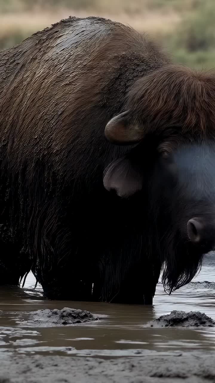 Video verticale: cambio di peso, bisonte che si muove in uno stagno fangoso lasciando impronte degli zoccoli e grumi di fango