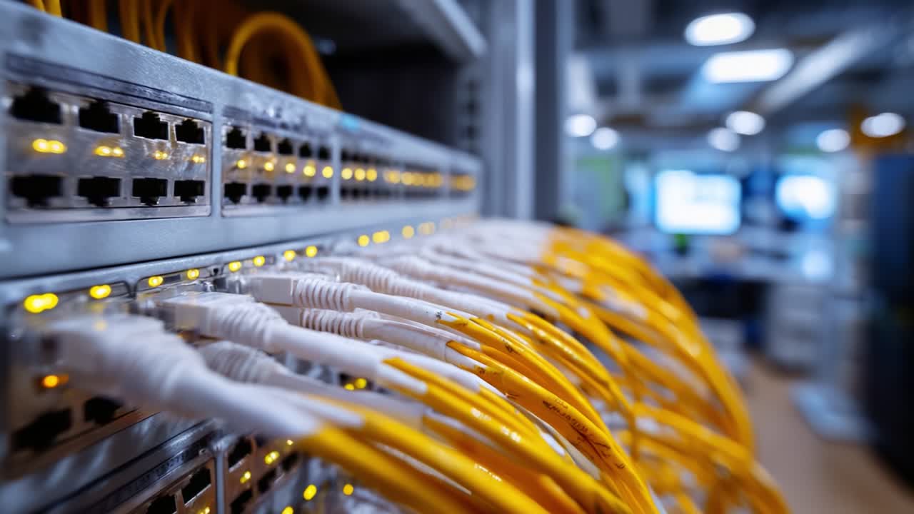 Network Infrastructure with Ethernet Cables: Close-Up of Connected Devices Illuminated by LEDs in a Modern Data Center Setting