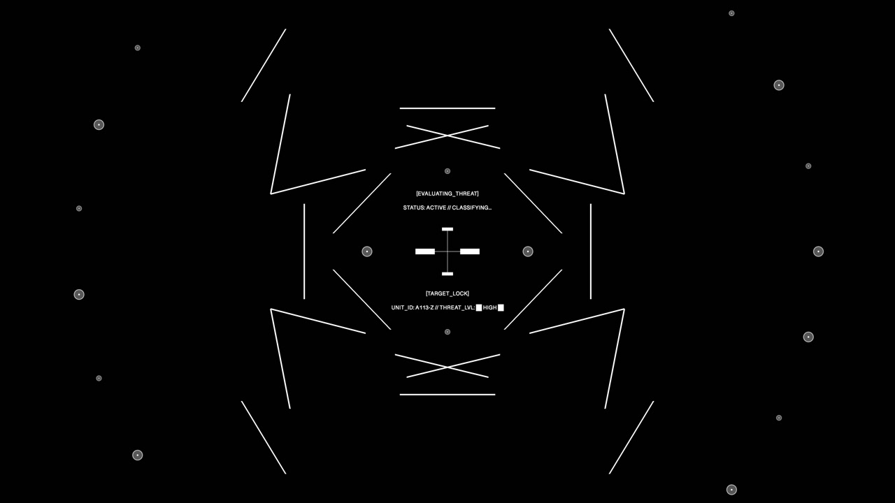Dynamic tactical interface featuring a central targeting reticle integrated with an evolving neural network structure. Great for representing high-level data processing or hacking.