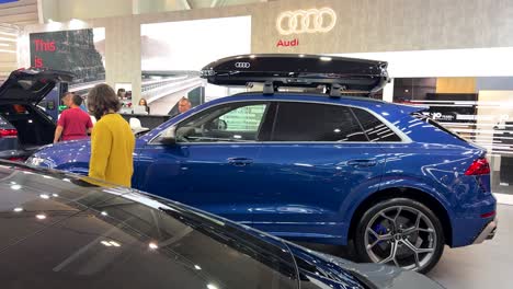 blue audi rs q8 performance with rooftop carrier. car roof carrier. sofia motor show 2024.