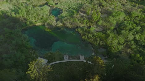 A-gentle-aerial-arc-shot-of-a-crystal-clear-pond-in-Kranjska-Gora,-Slovenia-in-the-morning