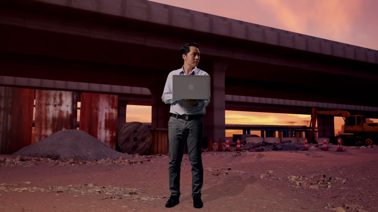 Inquadratura a figura intera di un lavoratore asiatico professionista con il suo portatile nel sito di costruzione di un'autostrada. Osserva l'ambiente circostante prima di concentrarsi sul suo portatile.
