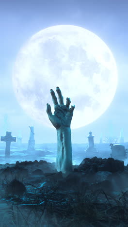 die hand des zombies kriecht nachts vor dem hintergrund des mondes auf dem friedhof aus dem boden.