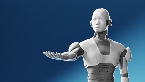 cyborg prototype moving arm and showing palm hand empty space for adding object , blue sky background, artificial intelligence futuristic task scenario 3d rendering animation