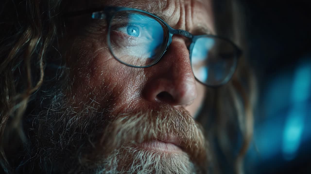 An Intense Close-Up Portrait of a Thoughtful Man with Glasses, Capturing Deep Emotions and Intriguing Expressions in a Darkened Environment
