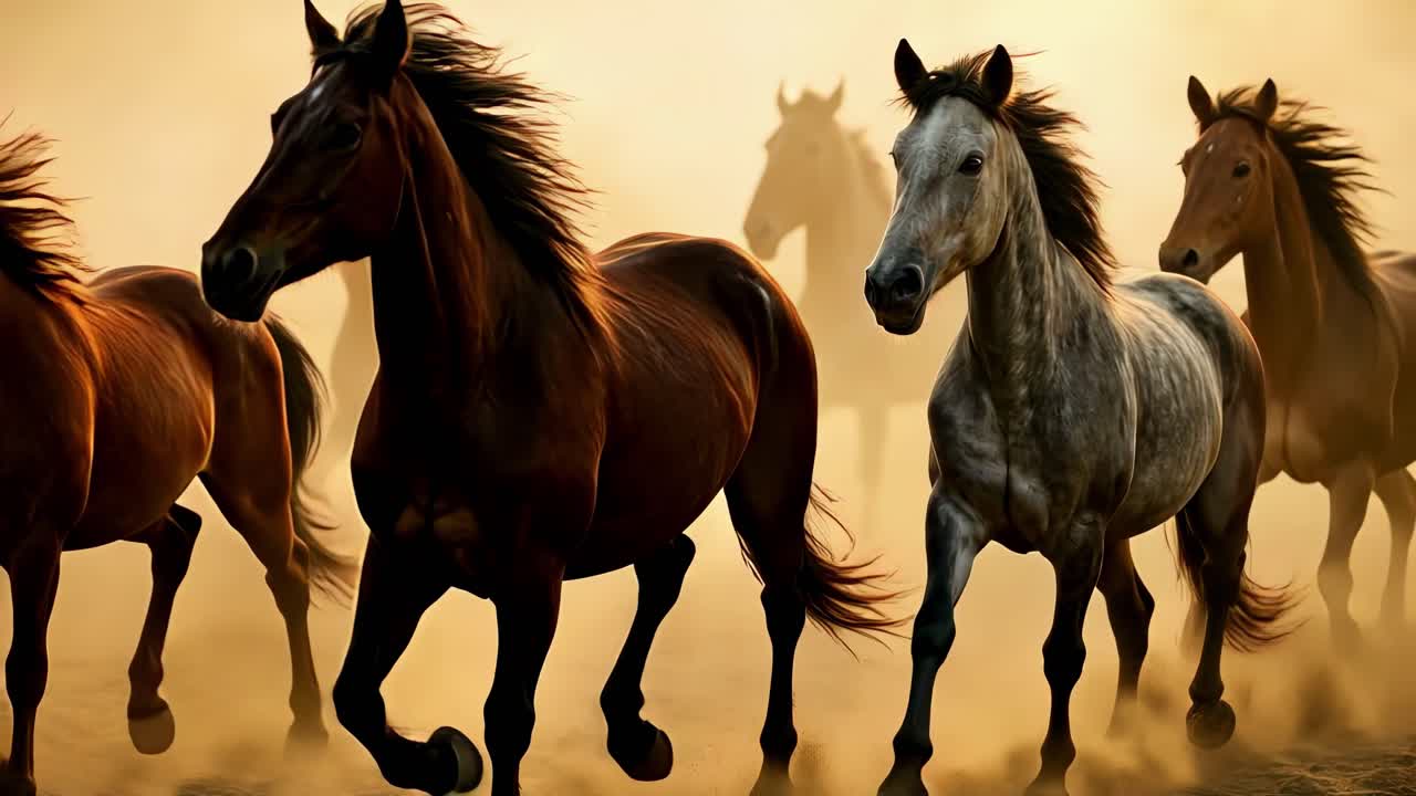Dynamic video still of galloping horses at eye-level angle, capturing their powerful movement