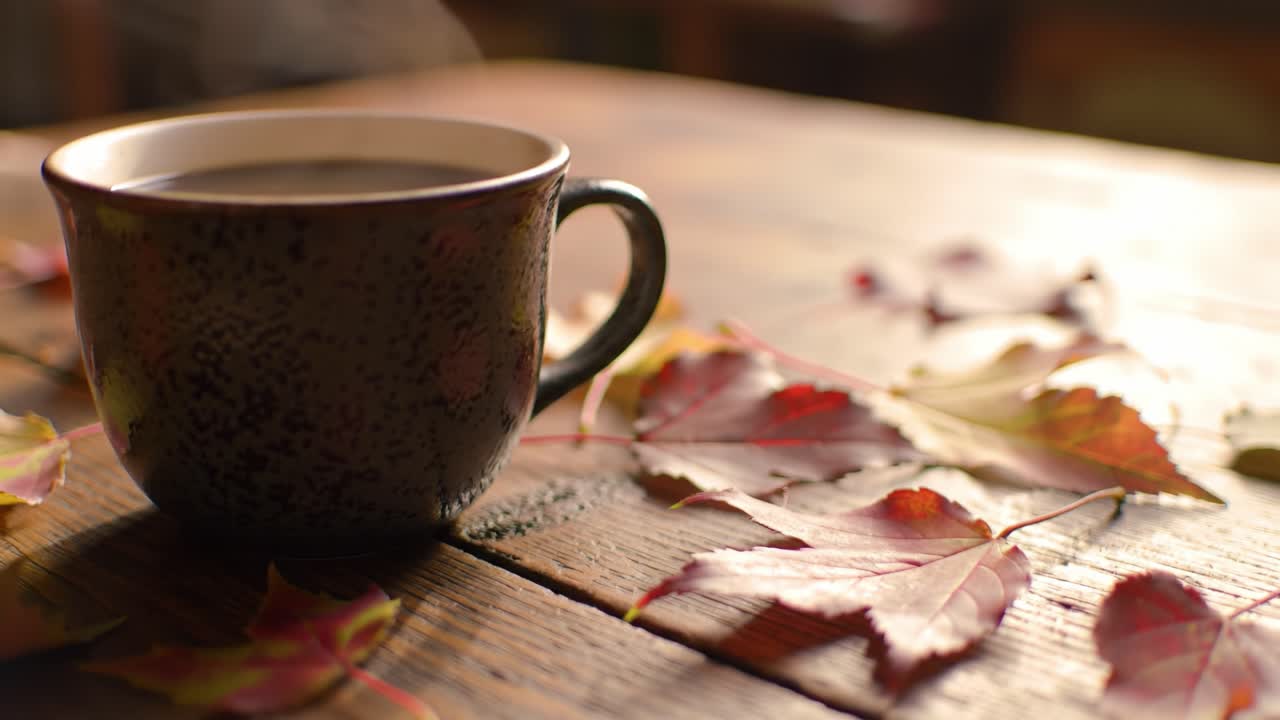 A Serene Autumn Scene with a Steaming Cup of Coffee and Colorful Leaves on a Rustic Wooden Table, Capturing the Essence of Fall's Cozy Atmosphere