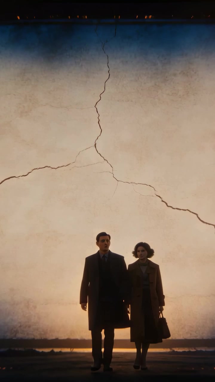 Vertical video: Walking sun drawing pair in coats closing to lens at shore with sky crack and bag