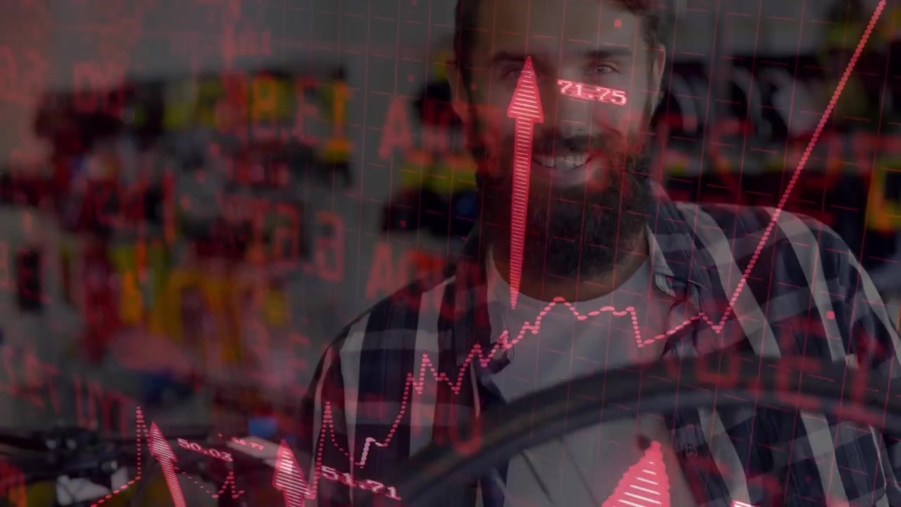 Mechanic grasping bicycle wheel and inspecting spokes while red stock chart pulsating in workshop