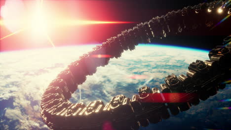 una enorme nave espacial muy detallada se acerca a la tierra.