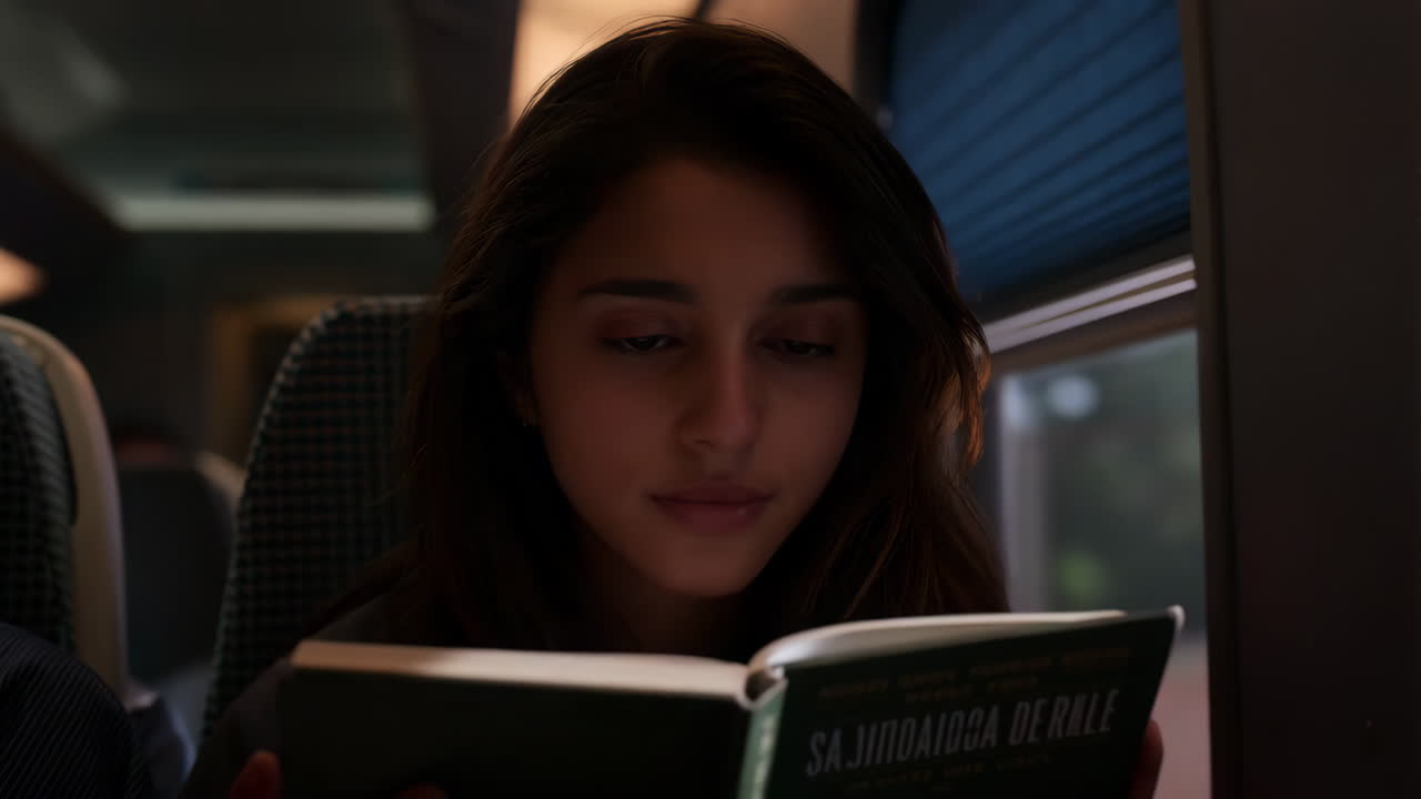 una mujer joven leyendo un libro en un tren.