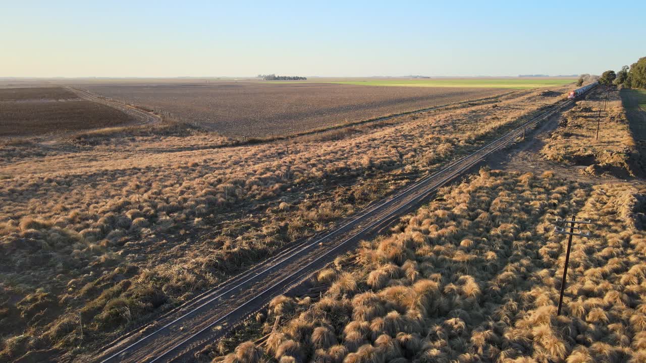 Railways Track On The Remote Patagonian Plains In La Pampa Province, Argentina. Aerial Drone Shot