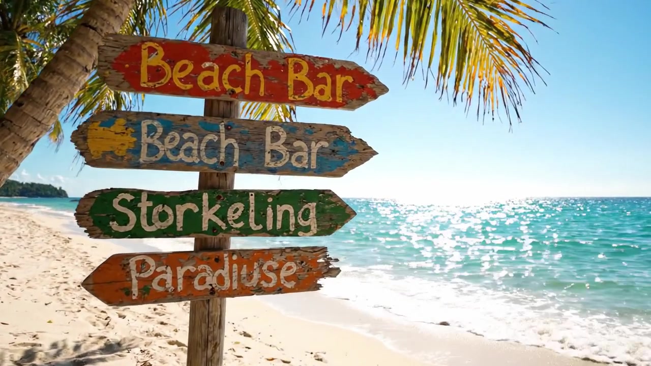 Eine ruhige Strandszene mit Wegweisern, die auf verschiedene Attraktionen wie die Strandbar und Schnorcheln zeigen, umrahmt von üppigen Palmen und einem funkelnden Meerblick.