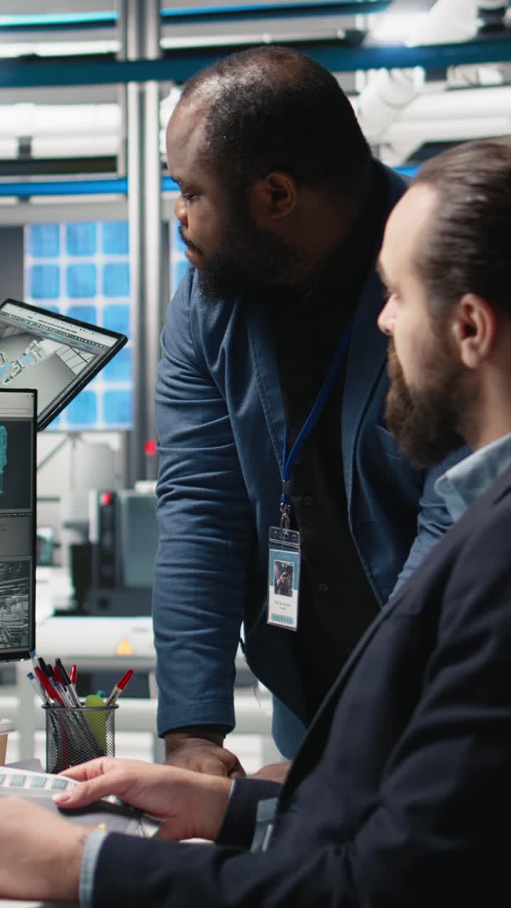 Vertical Video Diverse coworkers group in the factory handles solar power production line